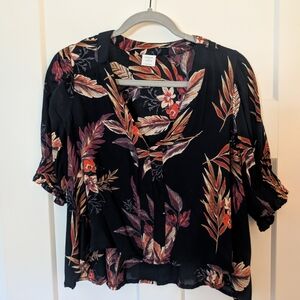Patrons of Peace Black Floral V-Neck Blouse with Rust and Cream Accents